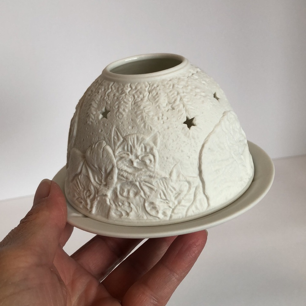 Starlight Lithopane White Bisque Domed Candle Holder Fairy Light